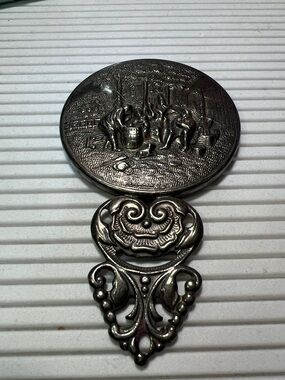 Ornate vintage hallmarked Denmark Decorative Hand Mirror with Embossed Scene